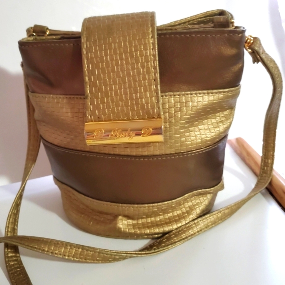 CROSSBODY BAG Two-Tone Metallic Gold  Brown Textured  Handbag Purse Signed Italy